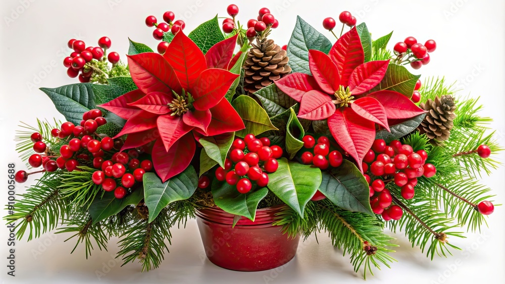 Vibrant Christmas flower arrangement with red poinsettias, berries, and leaves, festive, red, green, holiday Vibrant Christmas flower arrangement with red poinsettias, berries, and leaves, festive, red, green, holiday