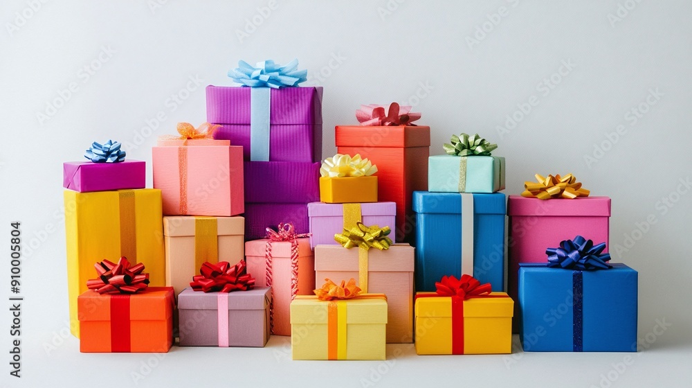 Vibrant stack of colorful gift boxes with festive ribbons against a white background Vibrant stack of colorful gift boxes with festive ribbons against a white background