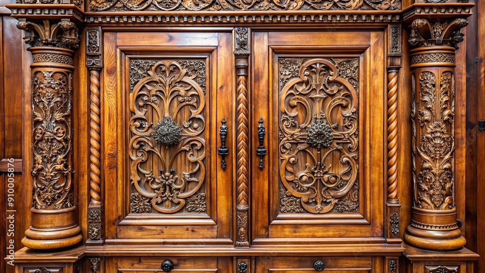 Antique wooden cupboard with intricate carvings and brass hardware, vintage, furniture, storage, old, retro, classic Antique wooden cupboard with intricate carvings and brass hardware, vintage, furniture, storage, old, retro, classic