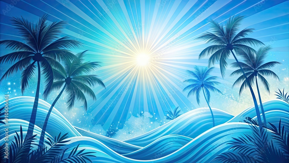 Naklejka premium Abstract blue summer wallpaper with vibrant s of palm trees, waves, and sunbursts , summer, vibes, background,tropical, beach