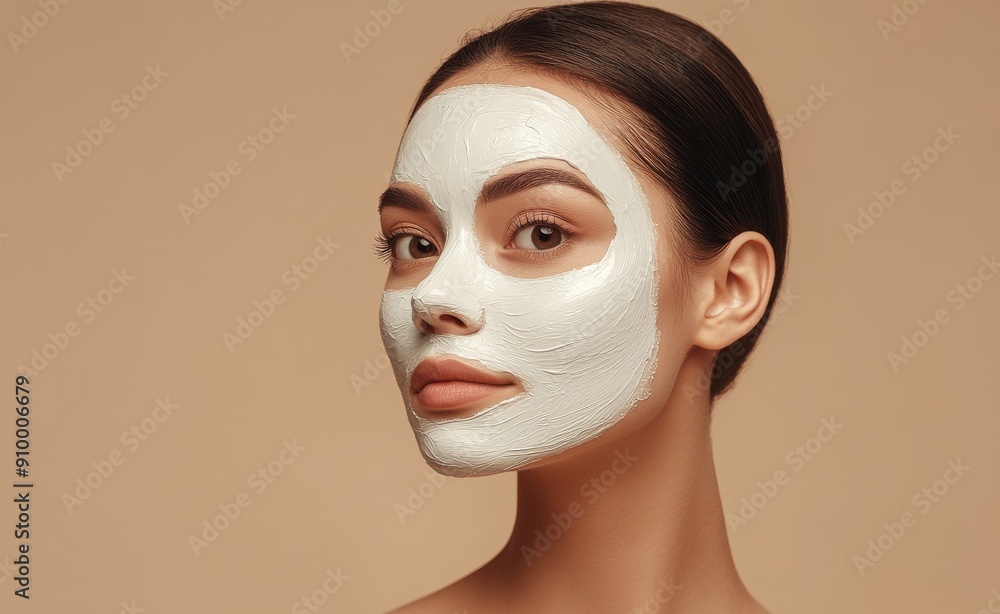 An attractive young European woman poses on a beige studio background with a facial mask while enjoying beauty treatments. An attractive young European woman poses on a beige studio background with a facial mask while enjoying beauty treatments.