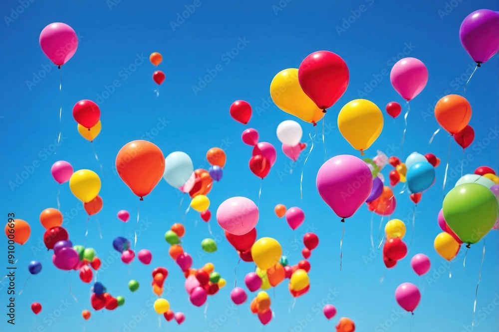 A bunch of vibrant, colorful balloons floating against a clear, bright blue sky A bunch of vibrant, colorful balloons floating against a clear, bright blue sky