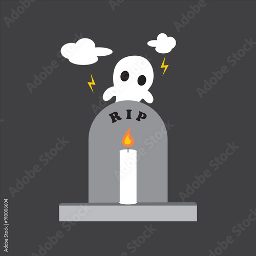 Rest In Peace Gravestone with candle and ghost. Halloween Icon Vector Illustration