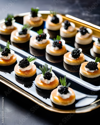 An opulent caviar flight with a selection of premium caviars, blinis, crème fraîche, and chives photo