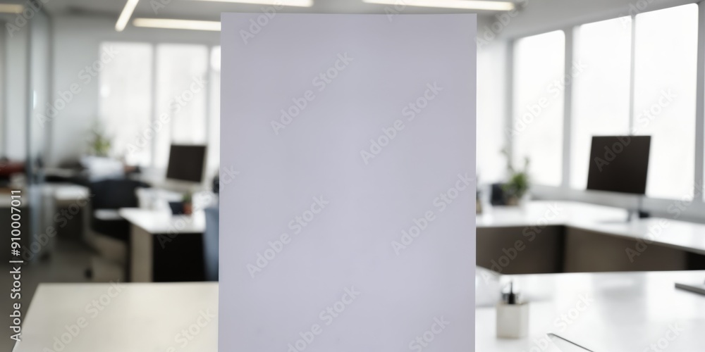 White blank blank sheet of paper on blurred office interior background White blank blank sheet of paper on blurred office interior background