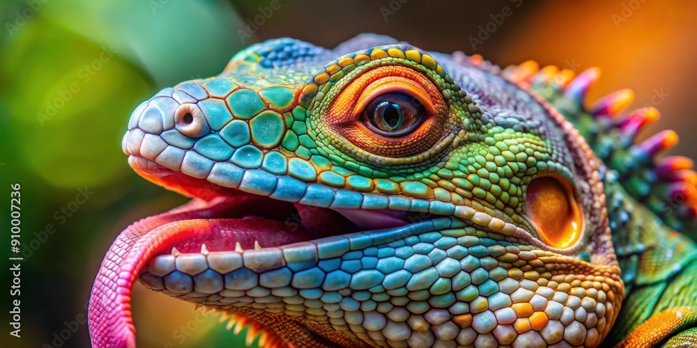 Fototapeta premium Close-up photo of a colorful reptile with scales and a forked tongue , reptile, scales, colorful, close-up, wildlife