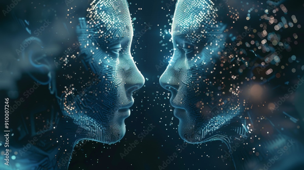 Futuristic Digital Faces with Circuit Patterns and Glowing Particles Futuristic Digital Faces with Circuit Patterns and Glowing Particles