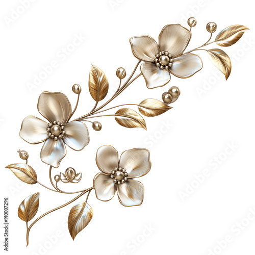 Elegant Gold and White Floral Design with Leaves and Pearls on Transparent Background