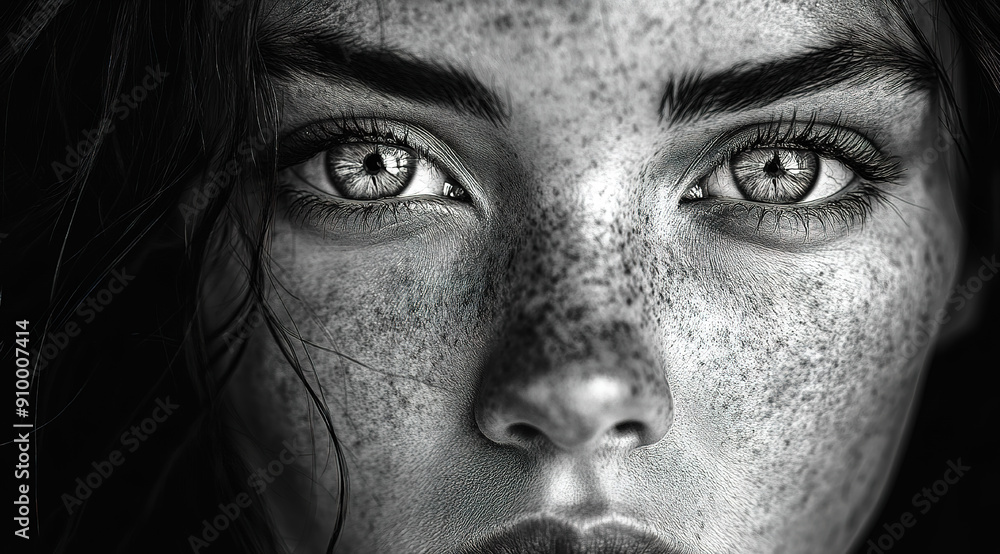 A freckled woman gazes intently at the camera, showcasing her eyes. A freckled woman gazes intently at the camera, showcasing her eyes.