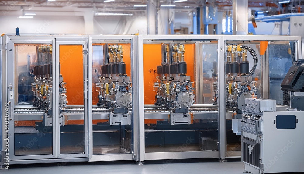 Horizontal color image of large group of automated injection moulding ...