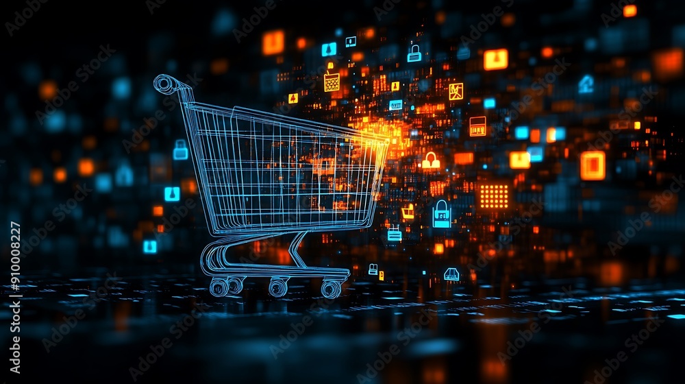 Wireframe Shopping Cart on a Digital Background Wireframe Shopping Cart on a Digital Background
