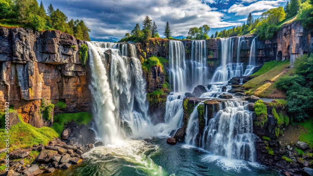 Waterfall cascading down rugged cliffs, a mesmerizing display of nature's power and beauty, waterfall, cascading, pristine Waterfall cascading down rugged cliffs, a mesmerizing display of nature's power and beauty, waterfall, cascading, pristine