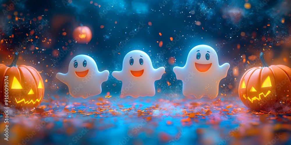 Whimsical Scene of Smiling Ghosts with Colorful Pumpkins Whimsical Scene of Smiling Ghosts with Colorful Pumpkins