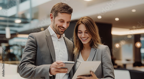 A business man and woman smiling at an iPad, Business people looking at tablet, business people working together in a cafe, business people working on laptop, business people working together