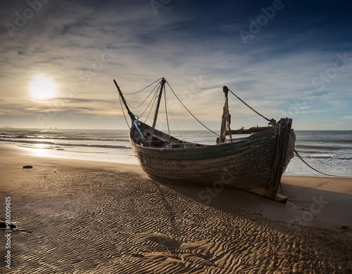 On the beach in drinking an ancient fishing boat