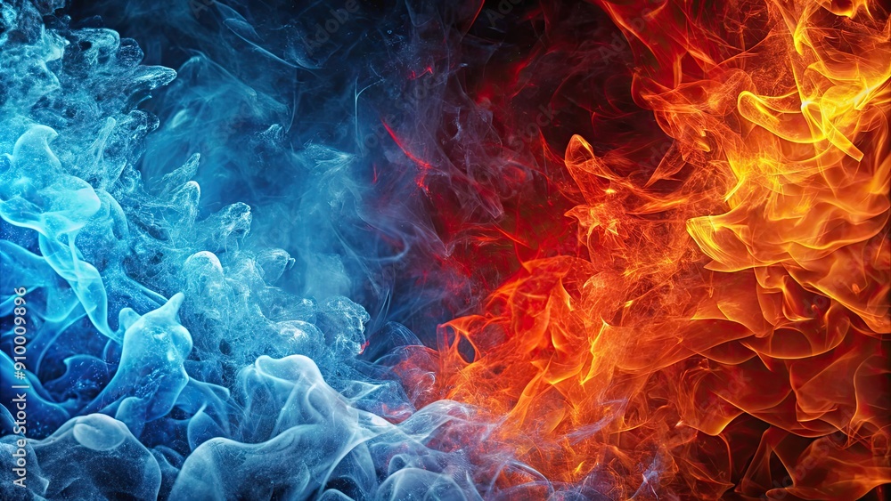 Abstract background featuring red fire and blue ice textures, fire, ice, contrast, hot, cold, vibrant, surreal