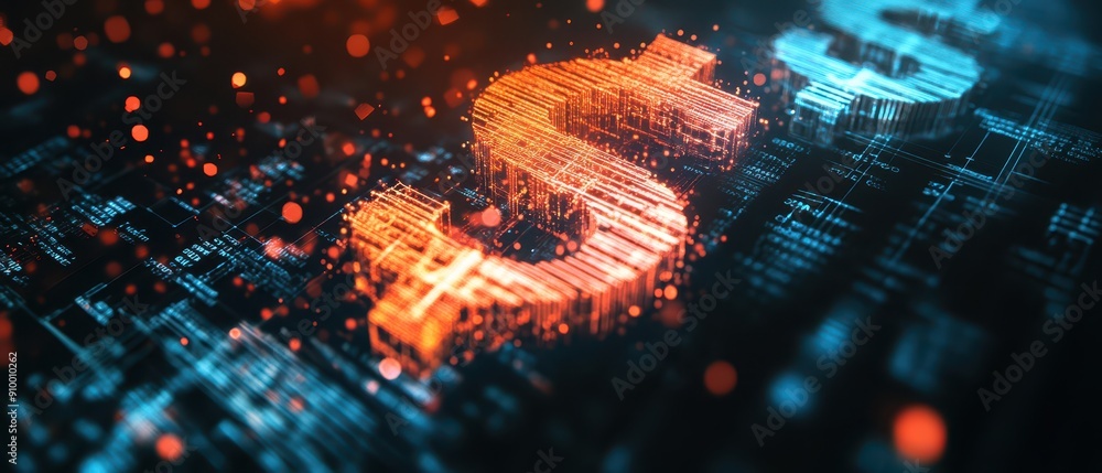 Obraz premium Digital dollar symbols dissolving into pixels, economy collapse, tech financial failure