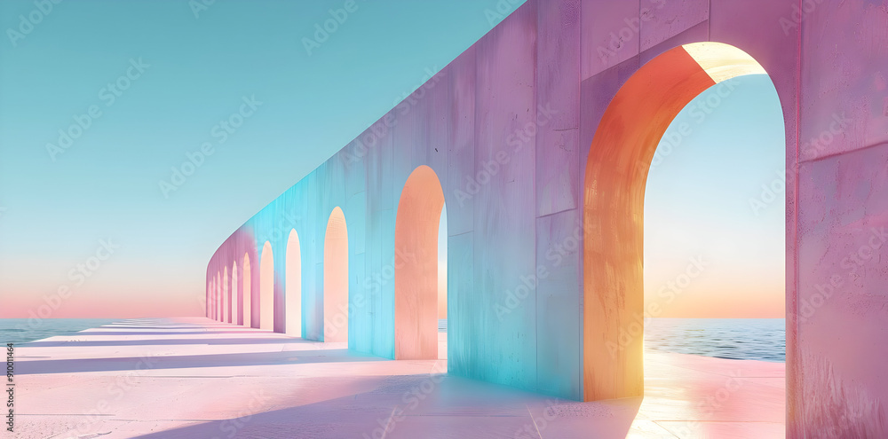 Archway to the Sea: 3D Illustration of a Pastel Colored Archway Archway to the Sea: 3D Illustration of a Pastel Colored Archway