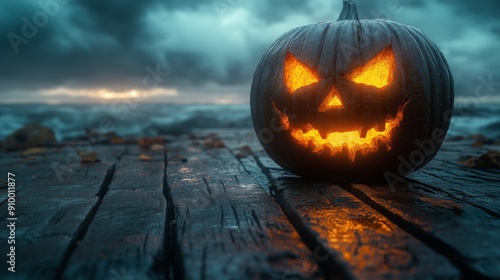 Wallpaper Mural Glowing Jack-o'-Lantern on Wet Wooden Pier with Stormy Sky Background Torontodigital.ca