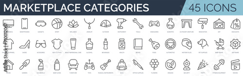 Set of 45 outline icons related to marketplace categories, e-commerce .Linear icon collection. Editable stroke. Vector illustration
