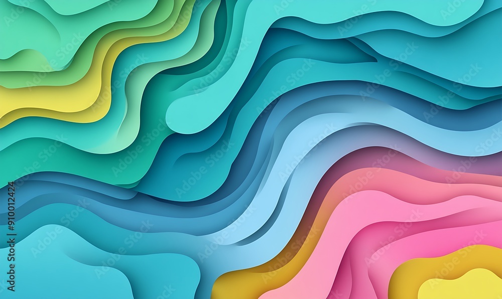 Abstract background with a layered paper design in blue, green, pink, yellow, and white colors. Abstract background with a layered paper design in blue, green, pink, yellow, and white colors.