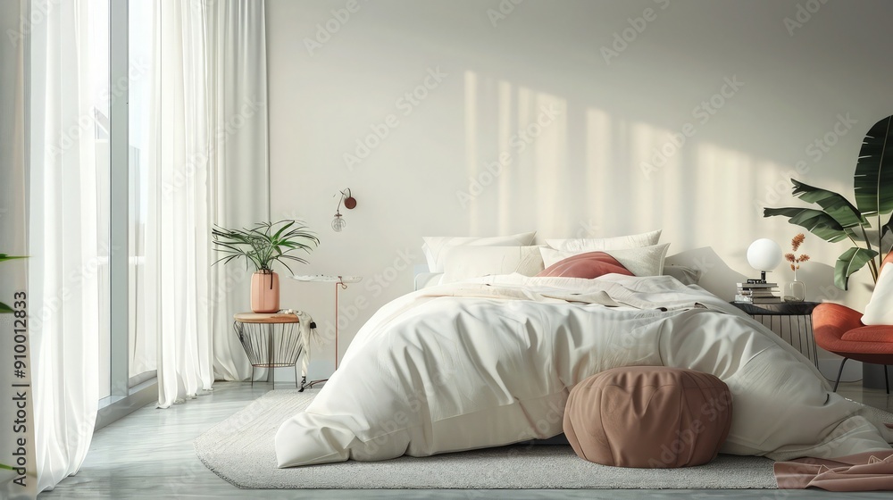 Fototapeta premium Cozy bedroom retreat with sunlight streaming through sheer curtains and decorative plants for lifestyle and wellness branding projects.