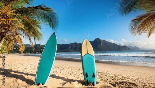 Two surfboards on the sandy beach with palm trees and mountains in the background.