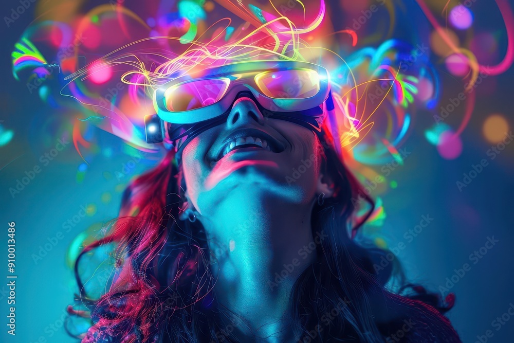 vibrant portrait of a joyful woman with augmented reality glasses projecting her thoughts and dreams as colorful holograms around her head vibrant portrait of a joyful woman with augmented reality glasses projecting her thoughts and dreams as colorful holograms around her head