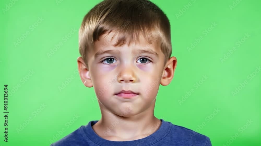 A young boy with blond hair looks directly at the camera, showcasing a serious expression against a vibrant green backdrop A young boy with blond hair looks directly at the camera, showcasing a serious expression against a vibrant green backdrop