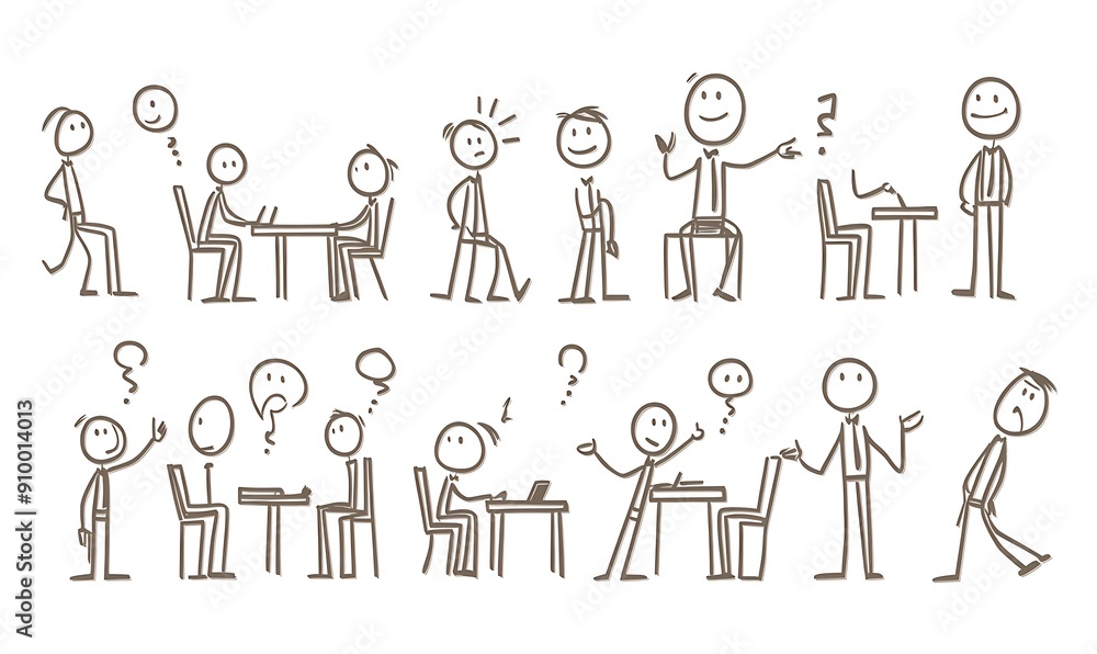 Stick figure illustrations depicting various business meeting situations. Stick figure illustrations depicting various business meeting situations.