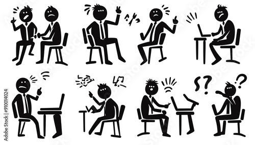 Stick figure illustrations showing different office worker emotions and situations.