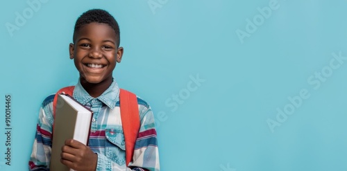Smiling boy with short hair holding a book and wearing a plaid shirt with a red backpack in front of a plain blue background.