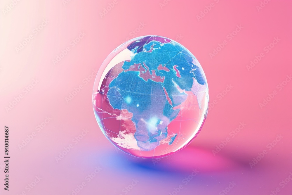 Glowing glass globe with map of Africa against pastel pink background. Modern and minimalist design.