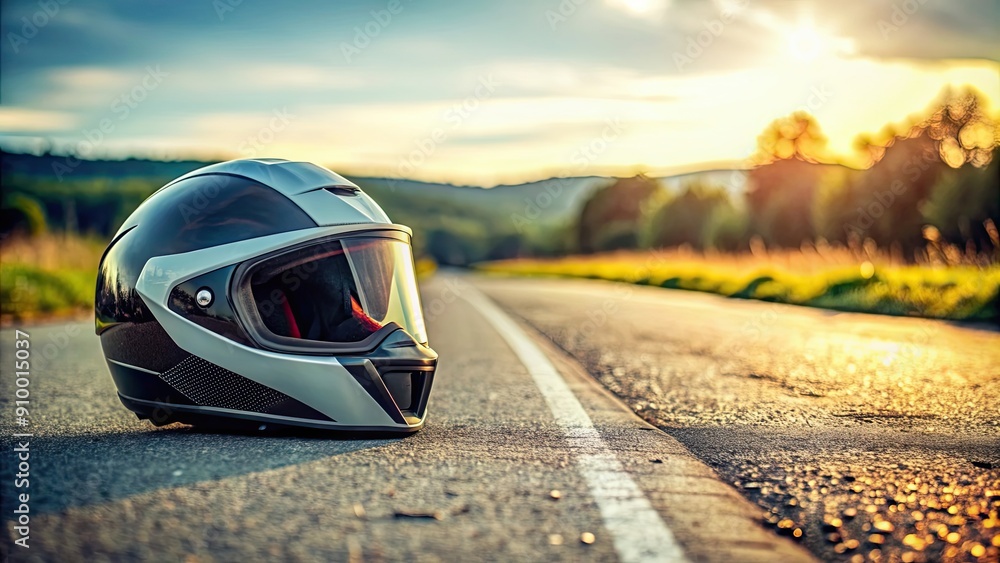 Fototapeta premium Motorcycle helmet laying on the asphalt road , safety, protection, gear, road, motorbike, helmet, accident