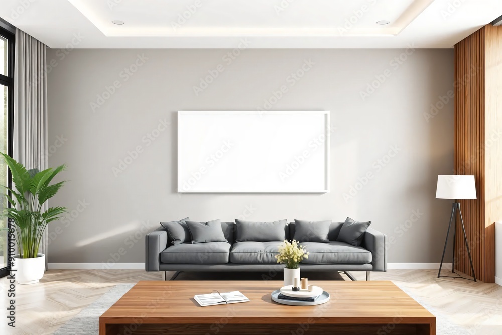 Modernes Wohnzimmer mit leerem gerahmter Leinwand für Mockups und Kunstillustrationen. Modernes Wohnzimmer mit leerem gerahmter Leinwand für Mockups und Kunstillustrationen.
