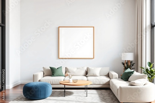 Modernes Wohnzimmer mit leerem gerahmter Leinwand für Mockups und Kunstillustrationen. photo