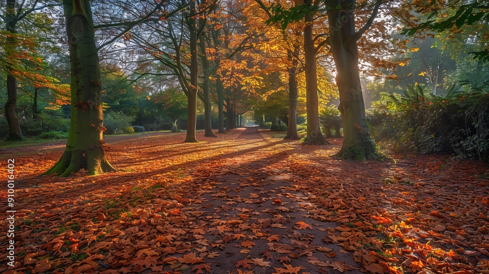 Obraz premium Fallen leaves covering a park path