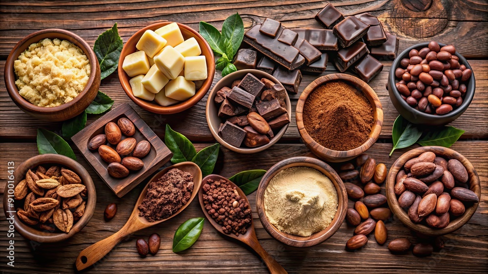 Assortment of chocolate making ingredients including cocoa beans, cocoa butter, and sugar Assortment of chocolate making ingredients including cocoa beans, cocoa butter, and sugar