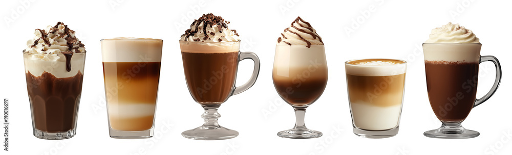 Hot drinks set with whipped cream in glasses. Hot Beverages - different types of coffee & hot chocolate. Cappuccino, mocha, latte Hot drinks set with whipped cream in glasses. Hot Beverages - different types of coffee & hot chocolate. Cappuccino, mocha, latte