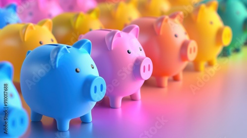 Row of multicolored piggy banks in blue, pink, yellow, and more, on a reflective surface with a soft gradient background. Savings and finance concept.