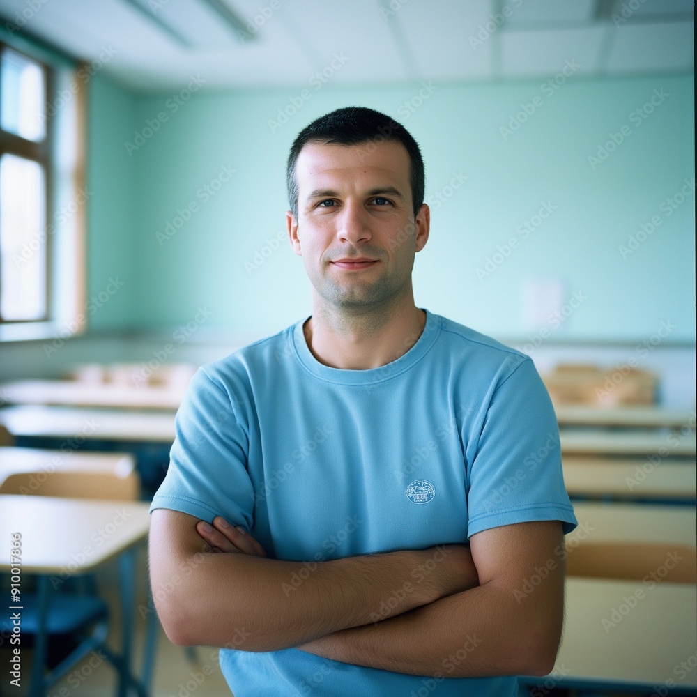 Half-body portrait of a confident technical trainer in a classroom, ideal for education and training themes. Half-body portrait of a confident technical trainer in a classroom, ideal for education and training themes.