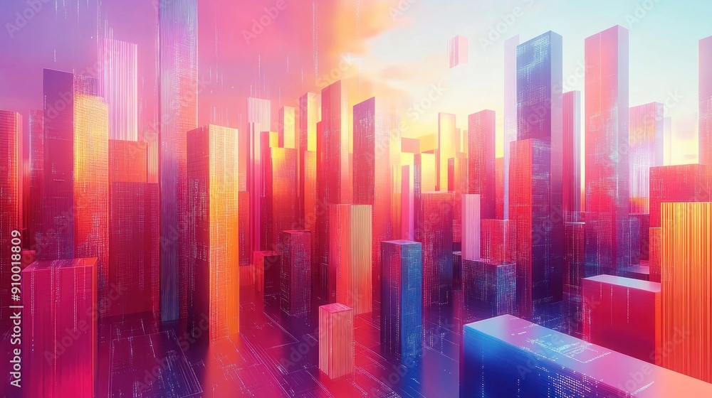 A dynamic 3D animation of a futuristic cityscape in pop art style, featuring vibrant colors and bold lines. The scene includes skyscrapers adorned with digital patterns, floating data blocks, and A dynamic 3D animation of a futuristic cityscape in pop art style, featuring vibrant colors and bold lines. The scene includes skyscrapers adorned with digital patterns, floating data blocks, and