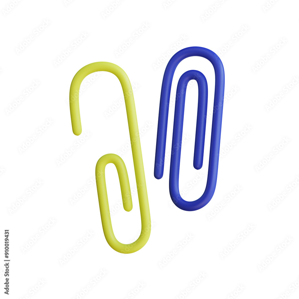 Two colorful paper clips on a black background. One is blue and the other is yellow. Two colorful paper clips on a black background. One is blue and the other is yellow.