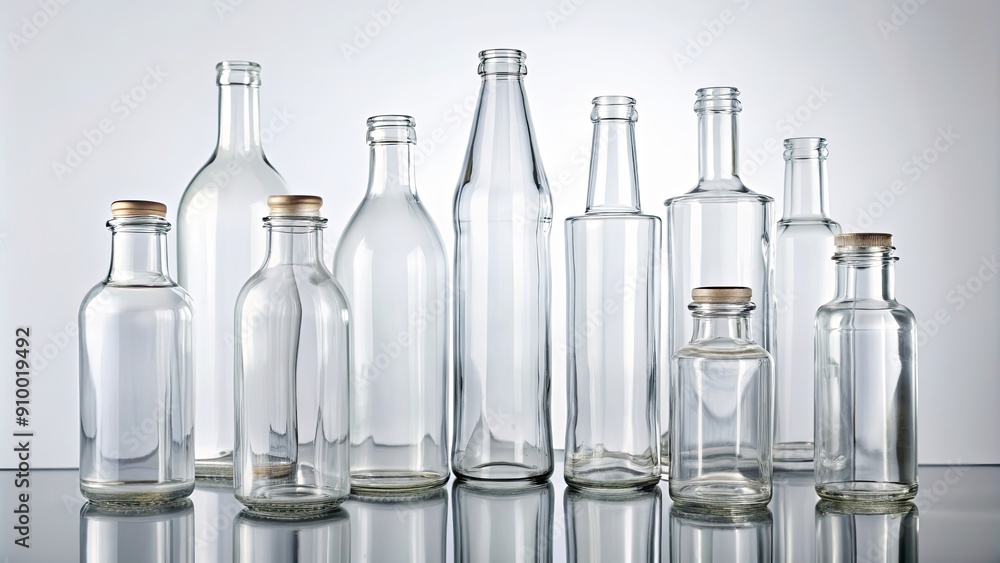 Clear glass bottles on white background, glass, bottles, clear,liquid, container, empty, recycling, environment Clear glass bottles on white background, glass, bottles, clear,liquid, container, empty, recycling, environment
