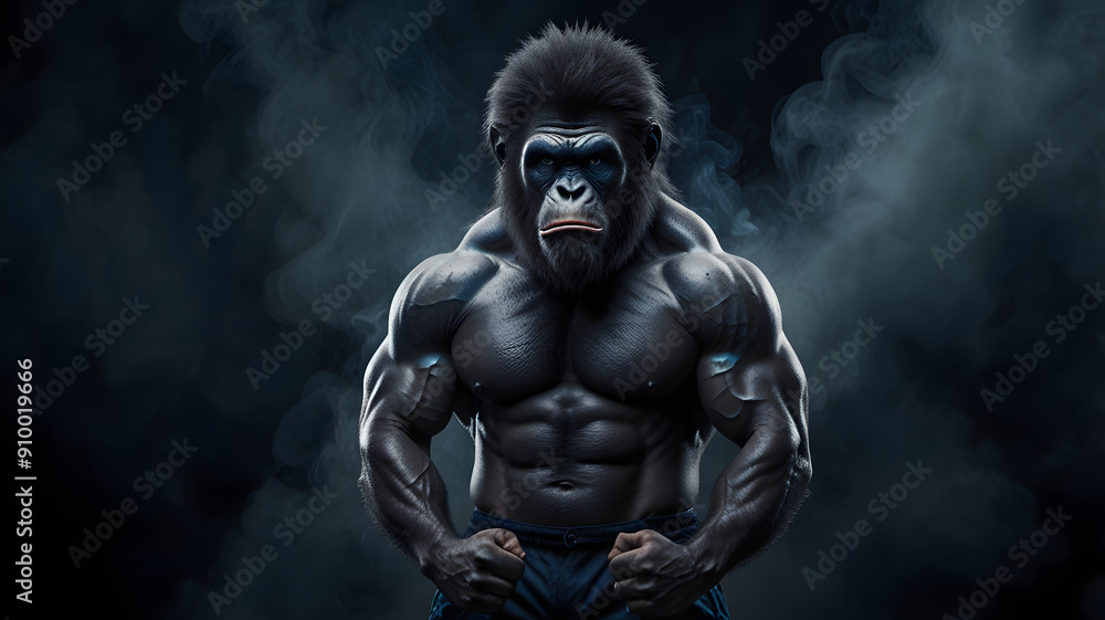 Muscular Angry ape bodybuilder Dark blue smoky background Muscular Angry ape bodybuilder Dark blue smoky background