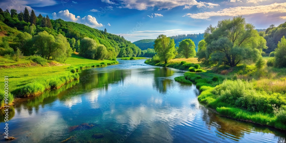 Scenic nature landscape with a flowing river surrounded by lush green vegetation, natural, beauty, serene, peaceful, tranquil Scenic nature landscape with a flowing river surrounded by lush green vegetation, natural, beauty, serene, peaceful, tranquil