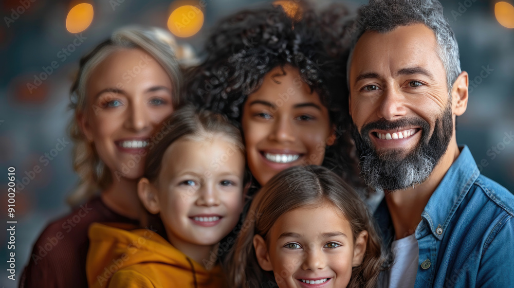 Fototapeta premium Capturing genuine smiles, this artwork showcases a harmonious blend of cultures in a loving family setting, highlighting connection and togetherness across generations.