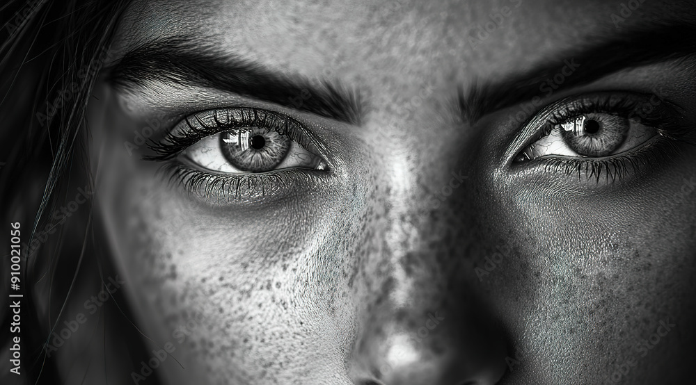 Close-up view of striking eyes and freckles on a face. Close-up view of striking eyes and freckles on a face.