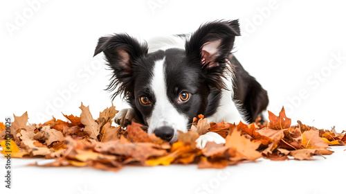 young border collie dog playing with leaves in autumn isolated on white background, png photo