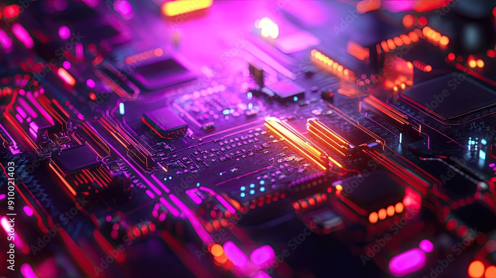 Close-up of a Vibrant and Futuristic Circuit Board with Glowing Neon Lights in a Dark Background Close-up of a Vibrant and Futuristic Circuit Board with Glowing Neon Lights in a Dark Background